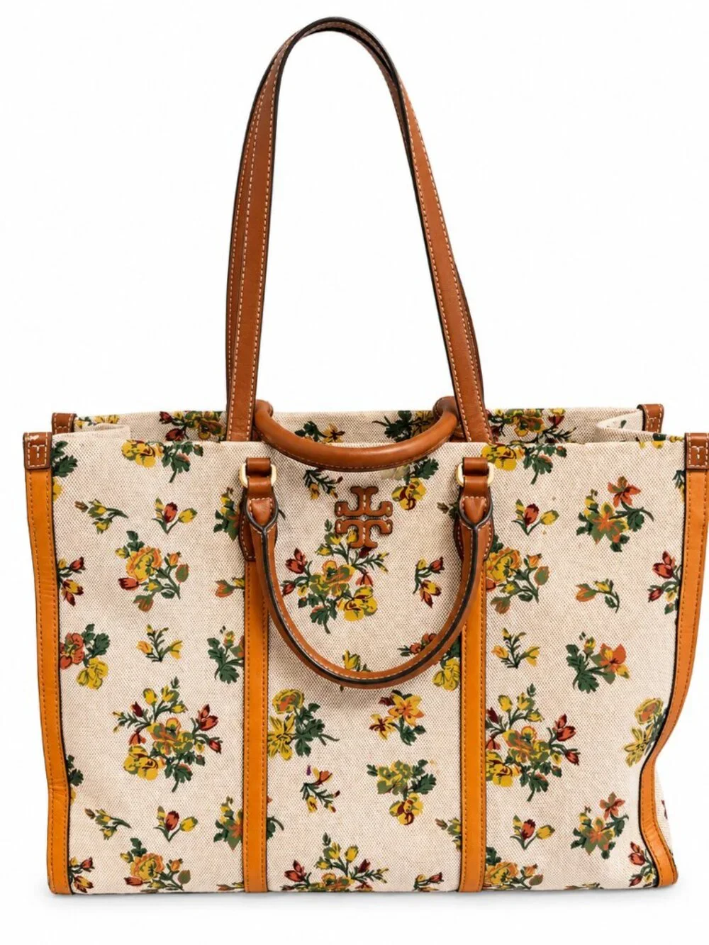 Tory Burch Blake Canvas Jumbo Daisy Floral Cream Tan Shoulder Bag Tote Bag